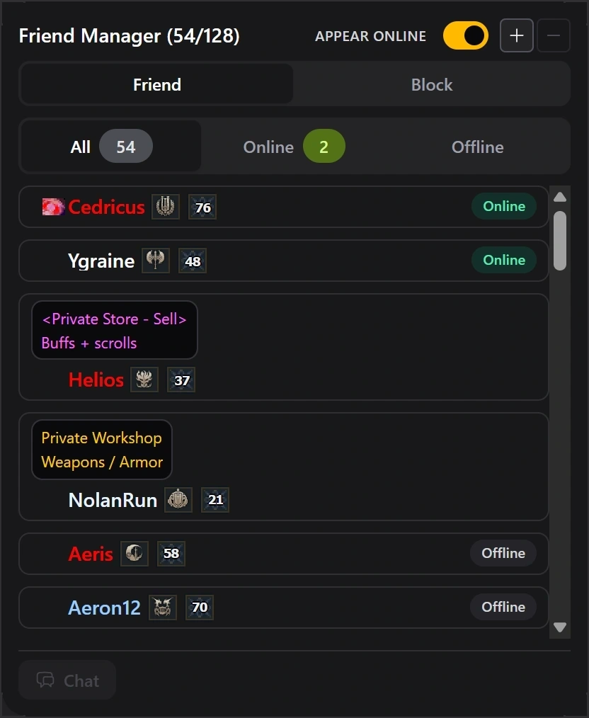 Friends list on the website