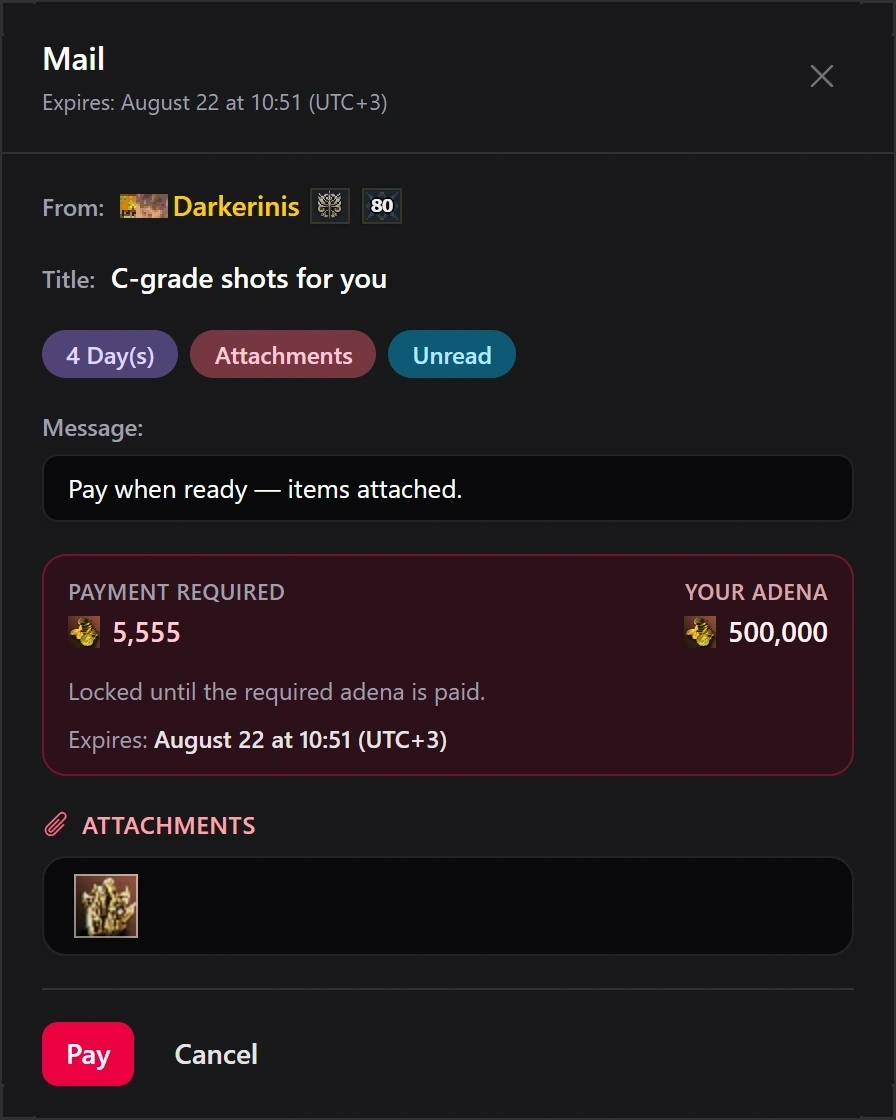 Paid mail with items attached